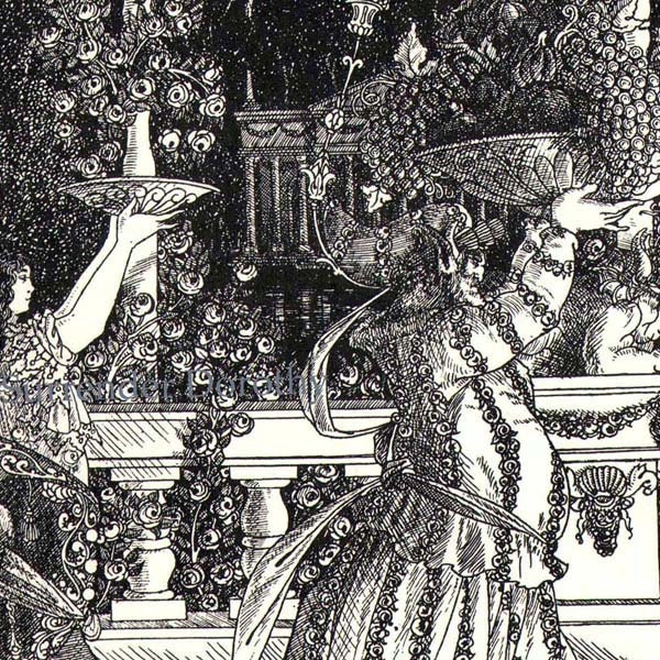 Conception de la couverture des porteurs de fruits pour le Savoy par Aubrey Beardsley de l'ère victorienne 1895 noir et blanc