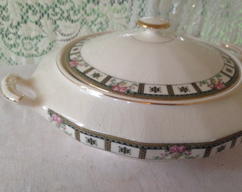 Antique Covered Vegetable Bowl Edwin M Knowles 8 Inches 1920s 1930s USA Gold Trim Formal Dining