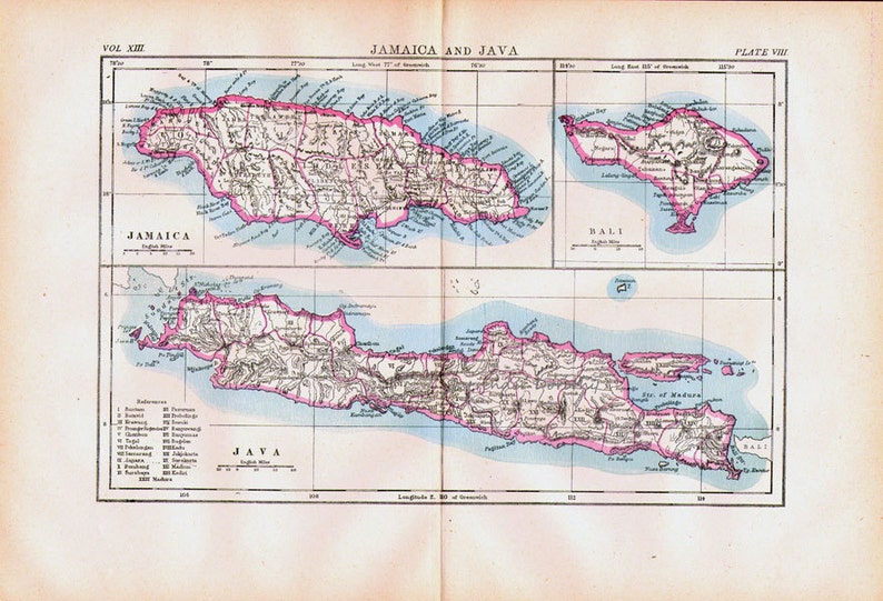 Jamaica Java Bali Island Map Antique Copper Engraving Vintage ...