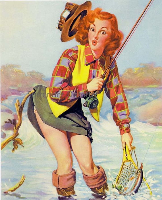 Redhead Pinup Fishing Girl Poster Print to Frame 1940s Wartime Double  Caught by Vaughn Bass 