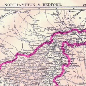 ノーサンプトン ベッドフォード イングランド地図 1892 アンティーク銅版画 ヨーロッパ地図 ビクトリア朝地理 アート額装