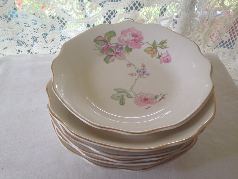 Royal China First Love 22k Gold Salad Plate Set 6 Bowls Vintage Floral China USA 1940s Shabby Chic Kitchen