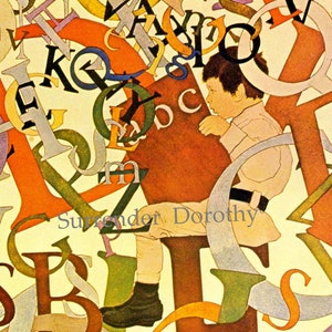 May include: A young child sits on a chair surrounded by colorful letters, holding a book with the letters "abc" on the cover. The letters are in various shades of red, orange, yellow, green, blue, and purple. The child is wearing a white shirt and brown pants.