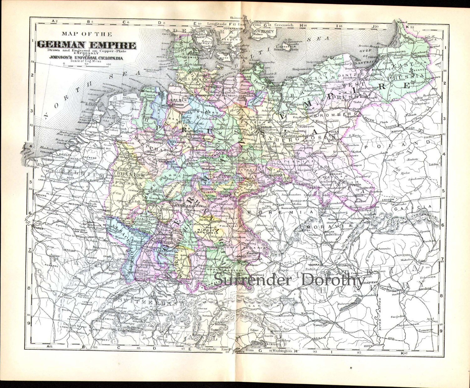 ドイツ帝国の地図 1896 アンティーク彫刻地図 額装 ヨーロッパ地図