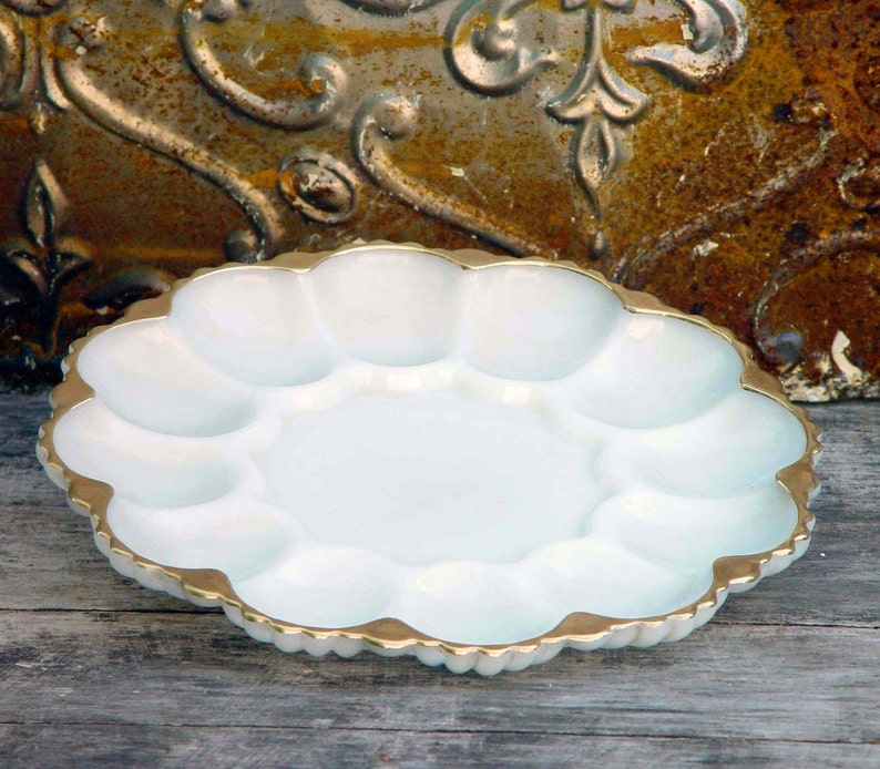 FireKing Milk Glass Deviled Egg Plate Gold Trim Golden Shell Etsy