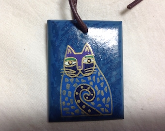 Laurel Burch Key Chain Fob Zipper Pull  Wood Cat Hand Painted Art Jewelry Signed Turquoise Blue Gold