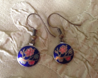 Pink and Blue Cloisonne Earrings French Ear Wires Vintage Jewelry 1980s
