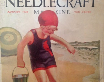 Needlecraft Magazine August 1928 Mary William Grotz Cover Vintage Original Great Ads
