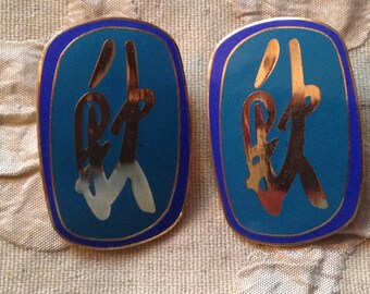 Laurel Burch Post Earrings AUTUMN Cloisonné RARE Art Jewelry Vintage Piece Signed Teal Blue Gold