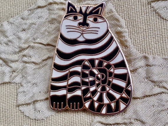 Laurel Burch Brooch Pin SHAMBALA CAT Black White … - image 1