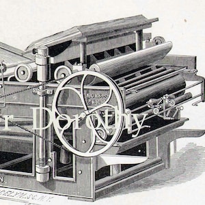 Issac Adams Bed & Platen Printing Press Vintage Engraving Machine Illustration To Frame Black and White