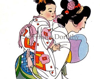 Summer Heat Japan Vintage Lithograph Verse 1940s Fashions Mother & Child