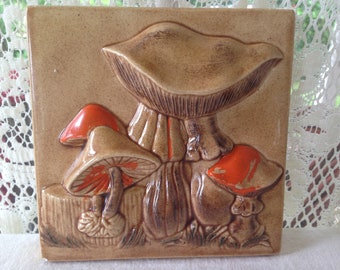 Magic Mushroom Ceramic Plaque 1970s Kitchen Kitsch Vintage Home Decor