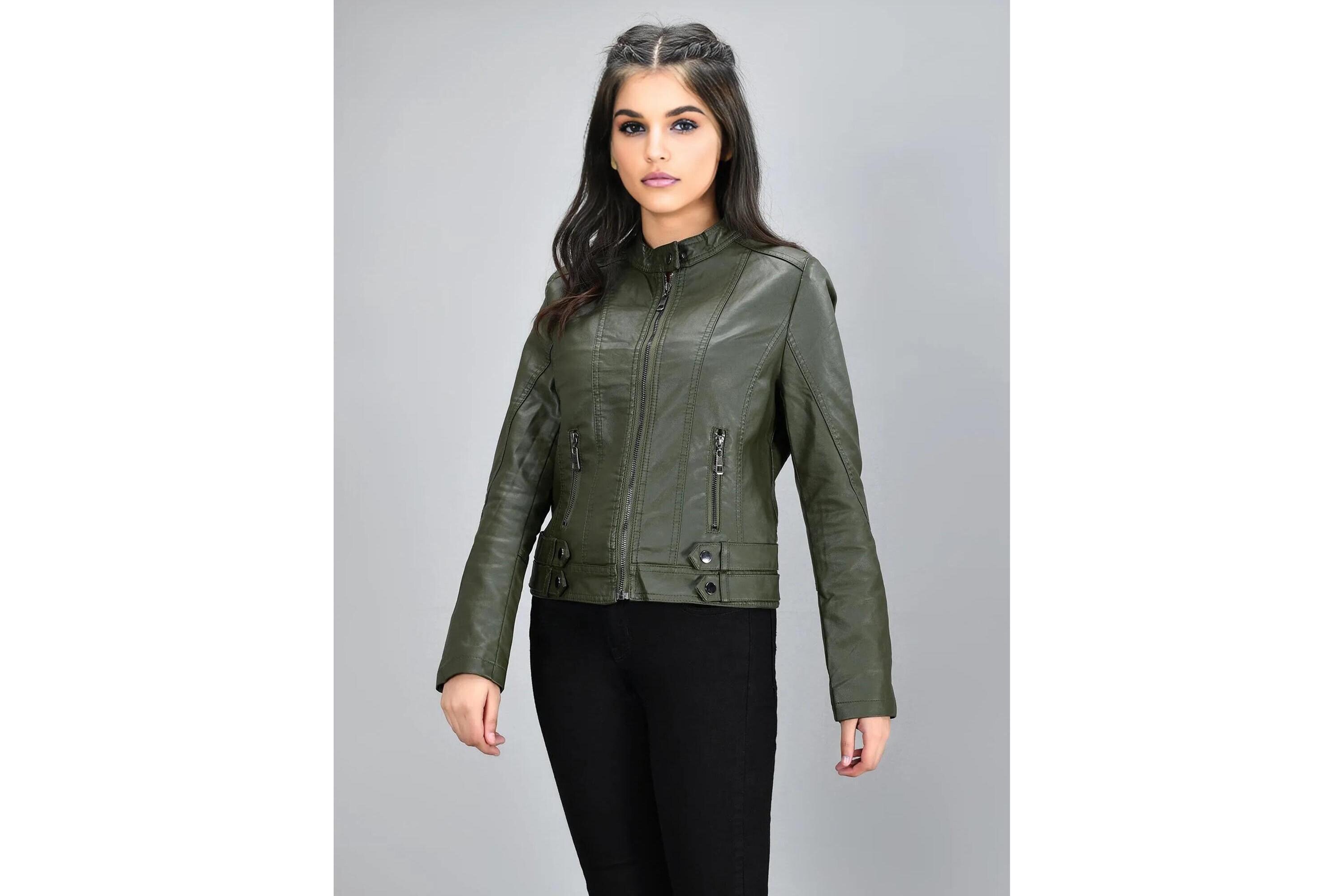 Handmade Women's Green Leather Jacket | Women Brown Biker Jacket | Motorcycle Leather Jacket | 100% Genuine Moto Leather Jacket |