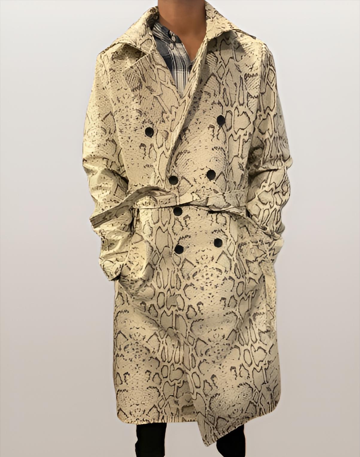 Men’s Snakeskin Faux Leather Trench Coat – Double-Breasted Belted Long Overcoat - Gift For Him