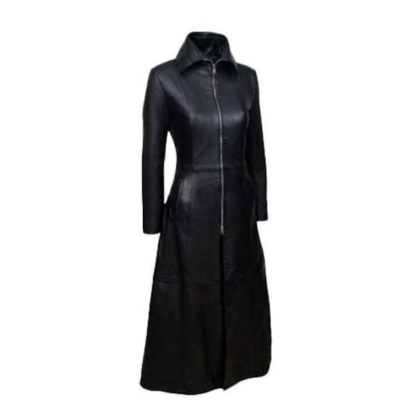 Women Long Leather Gothic Overcoat | Handmade Black Leather Trench Coat For Women | Fitted Coat |