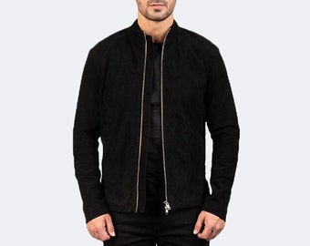 Mens Black Suede Leather Jacket | Bomber Suede Jacket For Men |