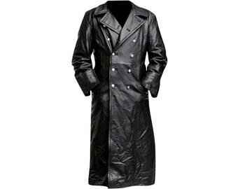 Men Double Breasted Black Leather Overcoat | Handmade Long Leather Trench Coat | Duster Coat For Men |