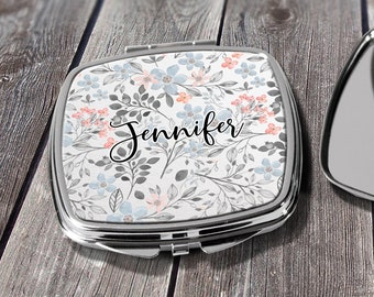 Compact Mirror Bridesmaids Gifts Coral Blue Floral Design Monogrammed Personalized Pocket Purse Mirror design COM30