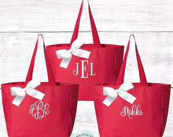 Personalized Bridesmaid Gift Tote Bag, Red Embroidered Tote, Bridal party Gift, Custom Tote Bag, Girlfriend Gift (EDT1)