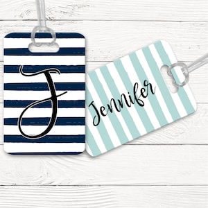 Navy Stripe Airport Bag Tag, Aqua Stripe Luggage Tag, Personalized Bag Identifier Tag, Gift For Wanderlust