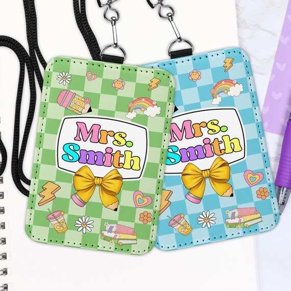 Personalized Teacher ID Badge Holder: Faux Leather wallet vertical, School Theme