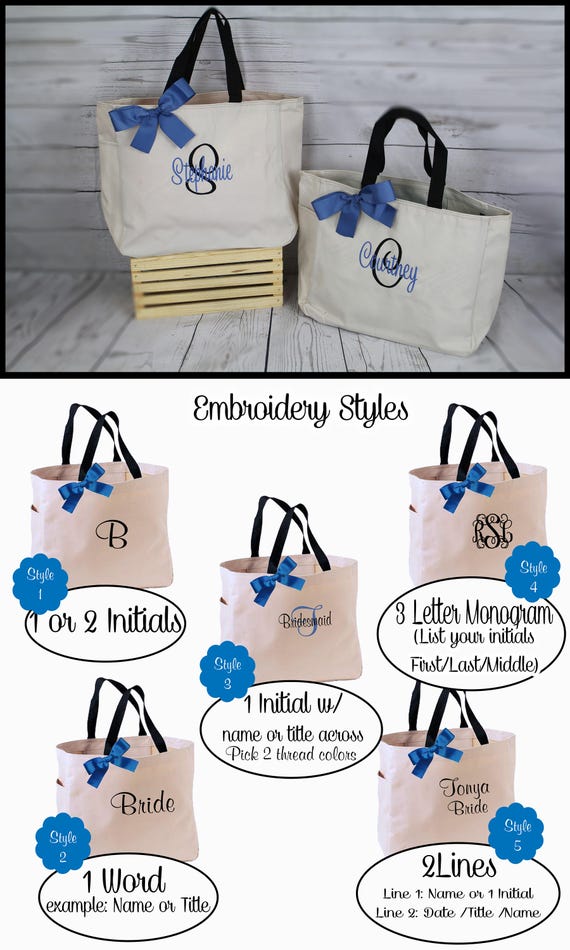 7 Personalized Bridesmaid Gift Tote Bags Monogrammed Tote, Bridesmaids Totes, Personalized Tote, Wedding Tote Bag, Maid of Honor Gift ESS1