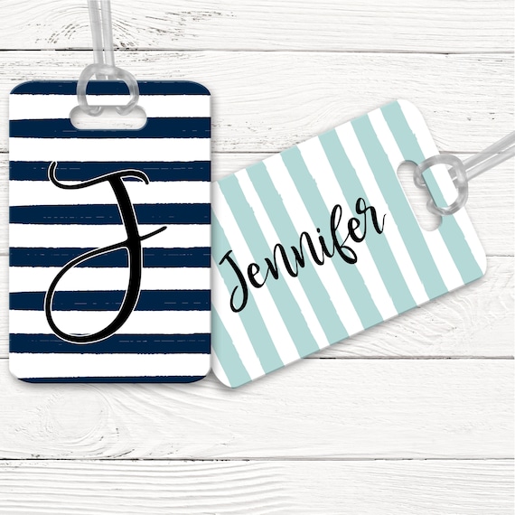 Navy Stripe Airport Bag Tag, Aqua Stripe Luggage Tag, Personalized Bag Identifier Tag, Gift For Wanderlust