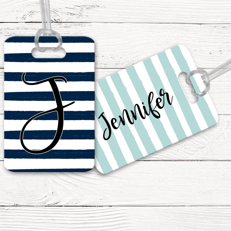 Navy Stripe Airport Bag Tag, Aqua Stripe Luggage Tag, Personalized Bag Identifier Tag, Gift For Wanderlust image 1