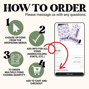 K&ouml;nnte beinhalten: Eine Anleitung mit dem Titel "HOW TO ORDER" mit nummerierten Schritten. Die Schritte umfassen die Auswahl von Optionen, das Hinzuf&uuml;gen von Informationen, die Bestellung mehrerer Artikel und das Hinzuf&uuml;gen zum Warenkorb. Das Bild zeigt auch einen Reisepasshalter und einen Gep&auml;ckanh&auml;nger.