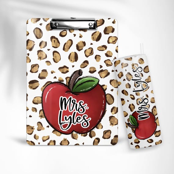 Personalized Teacher Gift Set - Leopard Print Clipboard & Tumbler for Teacher, Back to School Apple Appreciation