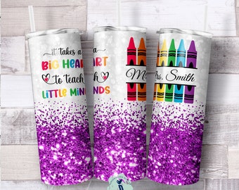 Teacher Gift, Purple Glitter School Teacher Tumbler, Crayon Tumbler, Appreciation Gift, Personalized Teacher Gift