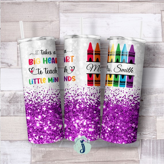 Teacher Gift, Purple Glitter School Teacher Tumbler, Crayon Tumbler, Appreciation Gift, Personalized Teacher Gift