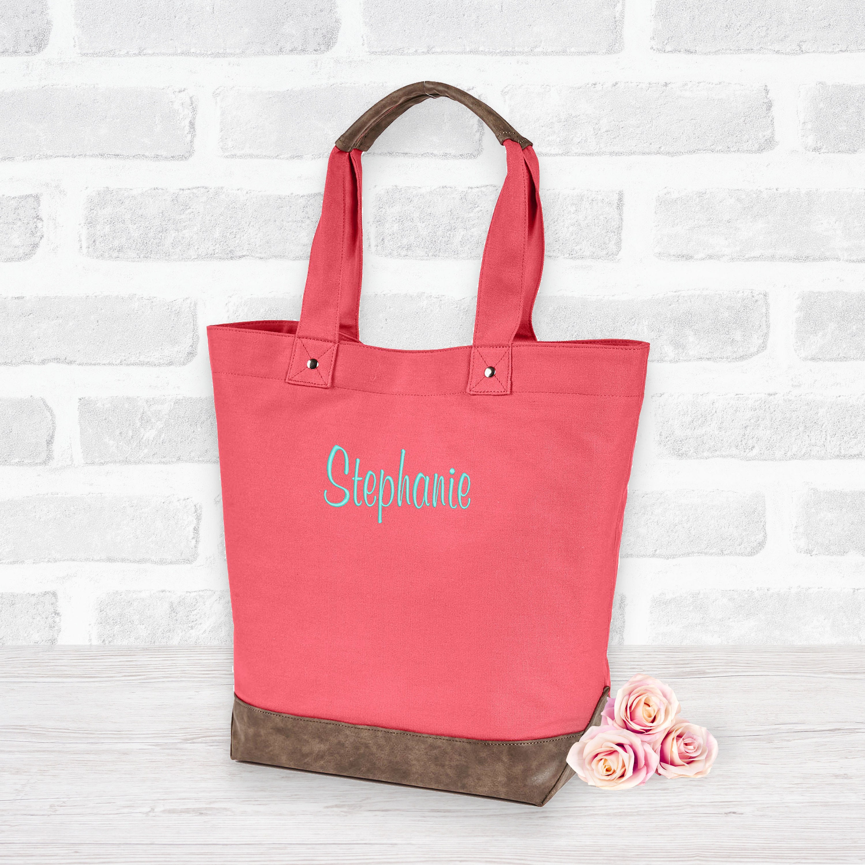 Personalized Vegan Leather and Canvas Tote bag, Monogrammed Canvas Tote, Custom Tote Bag