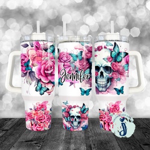 40 ounce Floral Skull Tumbler, Pink and Turquoise Gothic Tumbler, Bridesmaid Gift Tumbler, Sister Gift Tumbler