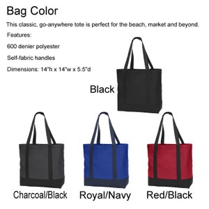 May include: Four tote bags in different colors. The bags are made of 600 denier polyester and have self-fabric handles. The bags are 14 inches tall, 14 inches wide, and 5.5 inches deep. The colors are black, charcoal/black, royal/navy, and red/black.