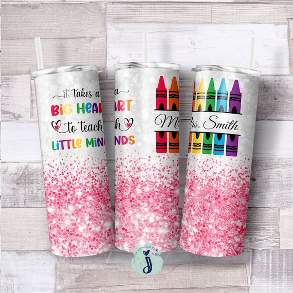 Teacher Gift, Pink Glitter School Teacher Tumbler, Crayon Tumbler, Appreciation Gift, Personalized Teacher Gift