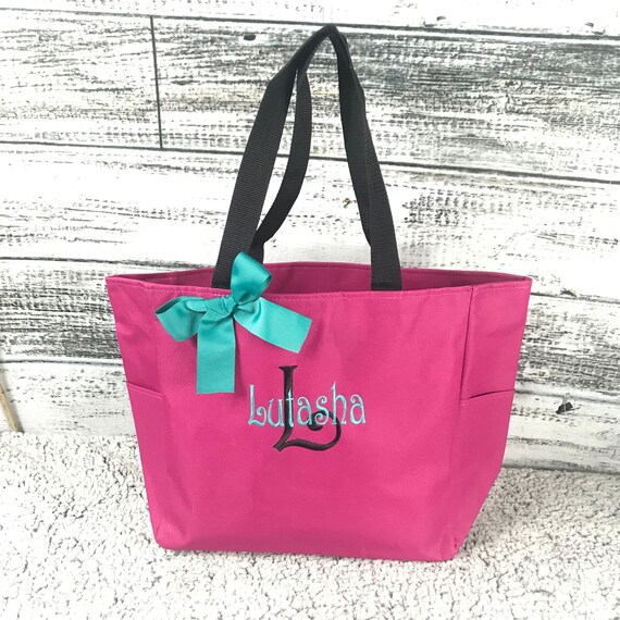Fuscia Tote Bag with Zipper, Bridesmaid Gift Bag, Will you be my Bridesmaid Bag, Bachelorrette Bag, Embroidered Tote Bag (NSZ1)
