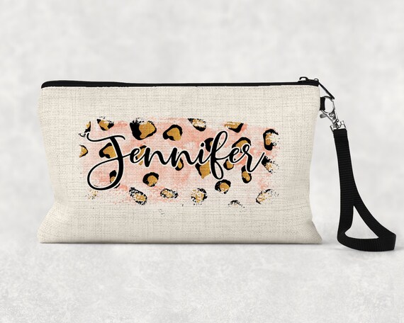 Makeup Bag, Bridesmaid Gift, Cosmetic Pouch, Personalized Makeup Bag Leopard print, Watercolor Brush Stroke