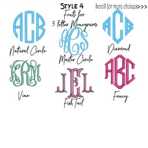 May include: Image displaying six monogram font styles for three-letter monograms. Styles include Natural Circle, Master Circle, Diamond, Vine, Fish Tail, and Fancy. Each monogram is shown in a different colour against a white background.
