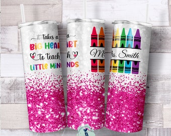 Teacher Gift, Hot Pink Glitter School Teacher Tumbler, Crayon Tumbler, Appreciation Gift, Personalized Teacher Gift