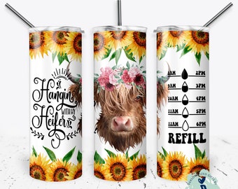 Highland Cow Tumbler, Sunflower Cow tumbler, Water tracker tumbler