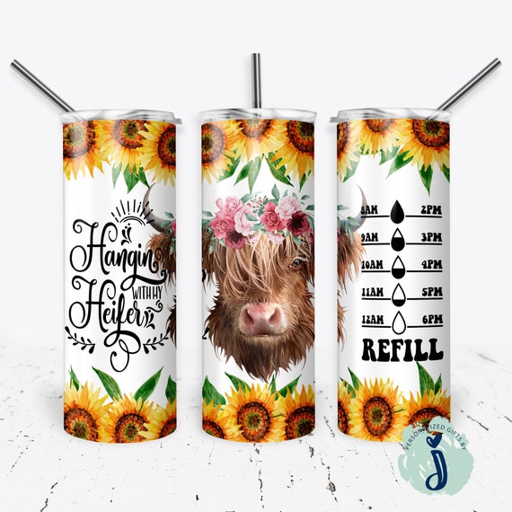 Highland Cow Tumbler, Sunflower Cow tumbler, Water tracker tumbler