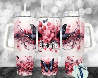 40 ounce Pink Floral Butterfly Gothic Tumbler, Halloween Tumbler, Bridesmaid Gift Tumbler, Sister Gift Tumbler