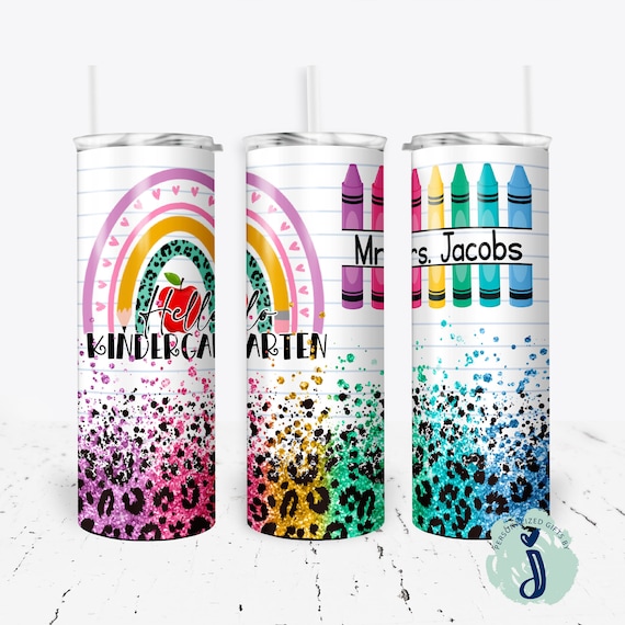 Teacher Gift, Teacher Tumbler, Bright Rainbow Crayon Tumbler, Leopard Rainbow Personalized Teacher Tumbler