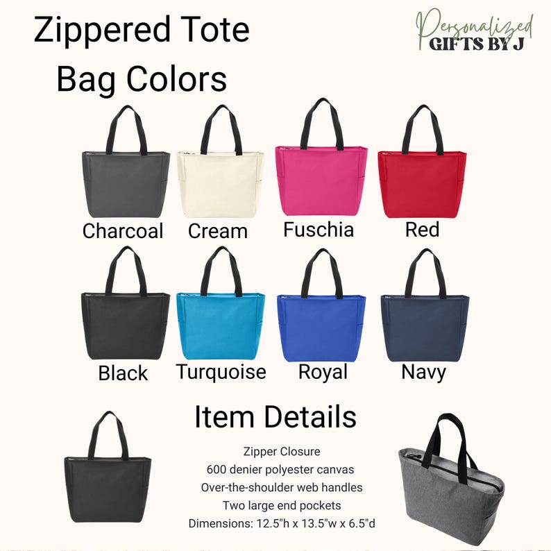 Personalized Bridesmaid Tote Bag with Zipper, Embroidered Linen Look Polyester image 2