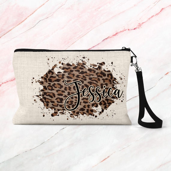 Personalized Leopard Print Makeup Bag, Bridesmaid Gift, Linen Makeup Pouch, Cosmetic Case COSLEO1
