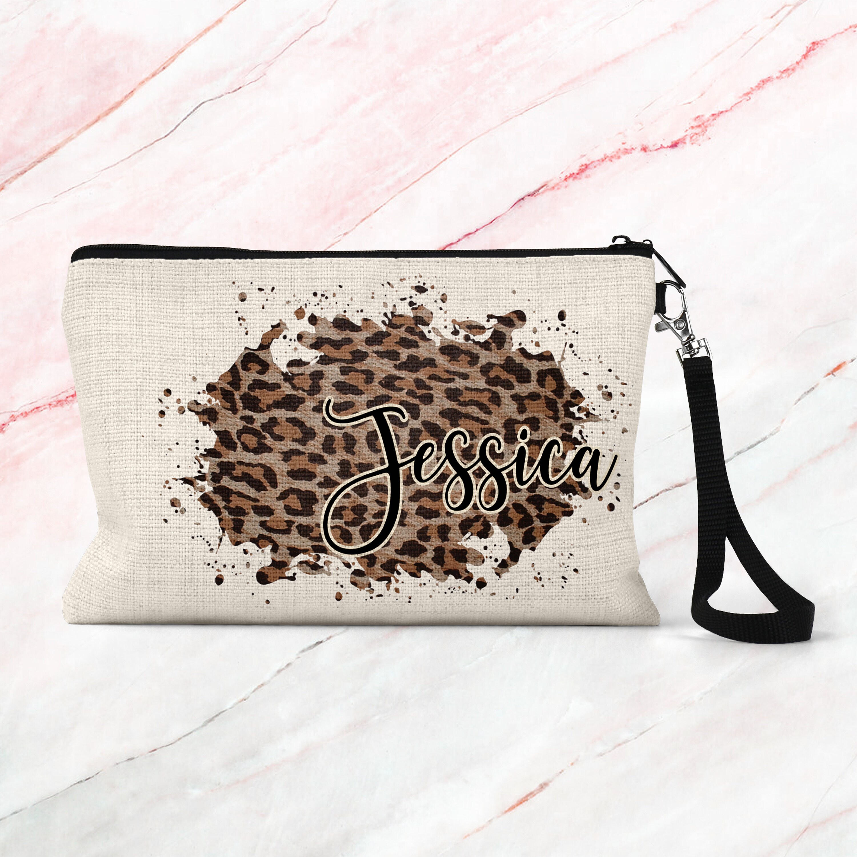 Personalized Leopard Print Makeup Bag, Bridesmaid Gift, Linen Makeup ...