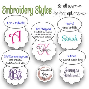 K&ouml;nnte beinhalten: Ein Bild, das verschiedene Stickstile zeigt, darunter Optionen f&uuml;r Initialen, Monogramme, Namen und Titel. Beispiele werden in verschiedenen Schriftarten und Farben gezeigt. Der Text "Embroidery Styles" steht oben.