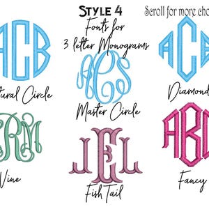 K&ouml;nnte beinhalten: Das Bild zeigt sechs verschiedene Monogramm-Schriftarten f&uuml;r dreibuchstabige Monogramme. Die Schriftarten umfassen Natural Circle, Master Circle, Diamond, Vine, Fish Tail und Fancy. Jeder Stil zeigt ein Beispielmonogramm in verschiedenen Farben vor wei&szlig;em Hintergrund.